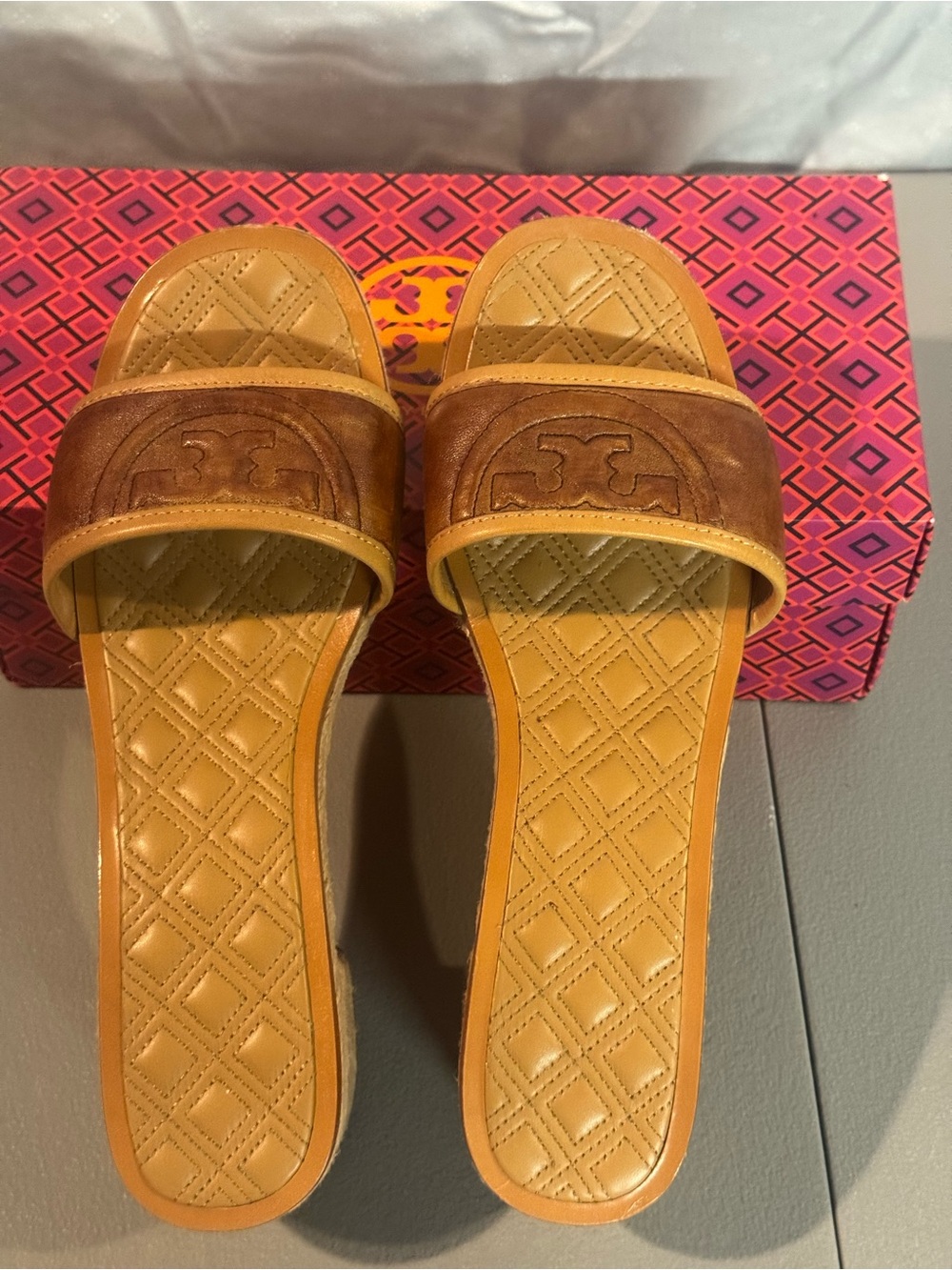 Tory Burch Brown Suede & Tan Quilted Slide Sandals